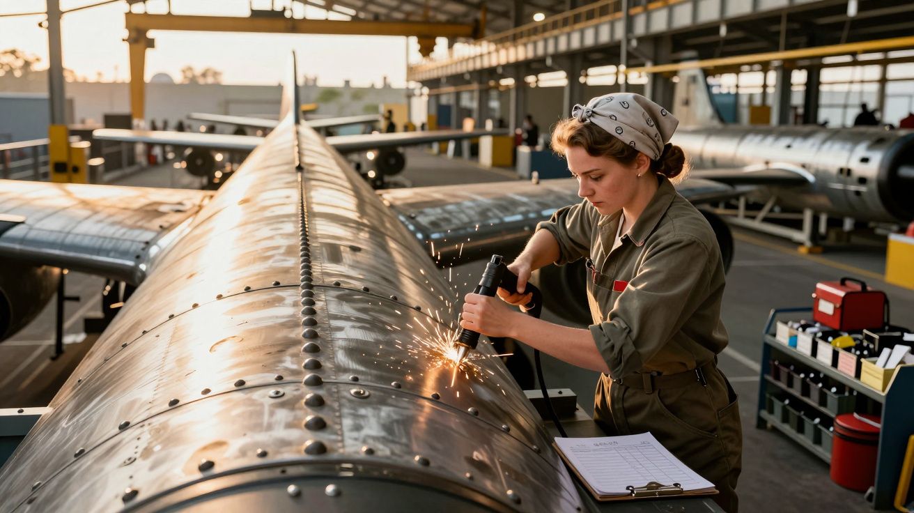 Mulher a soldar asa de avião numa fábrica, usando uniforme e lenço na cabeça, com faíscas visíveis.