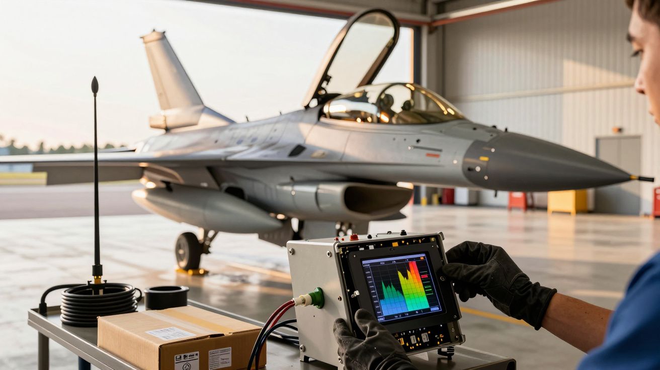 Técnico controla dispositivo de monitorização em hangar com avião de combate ao fundo.