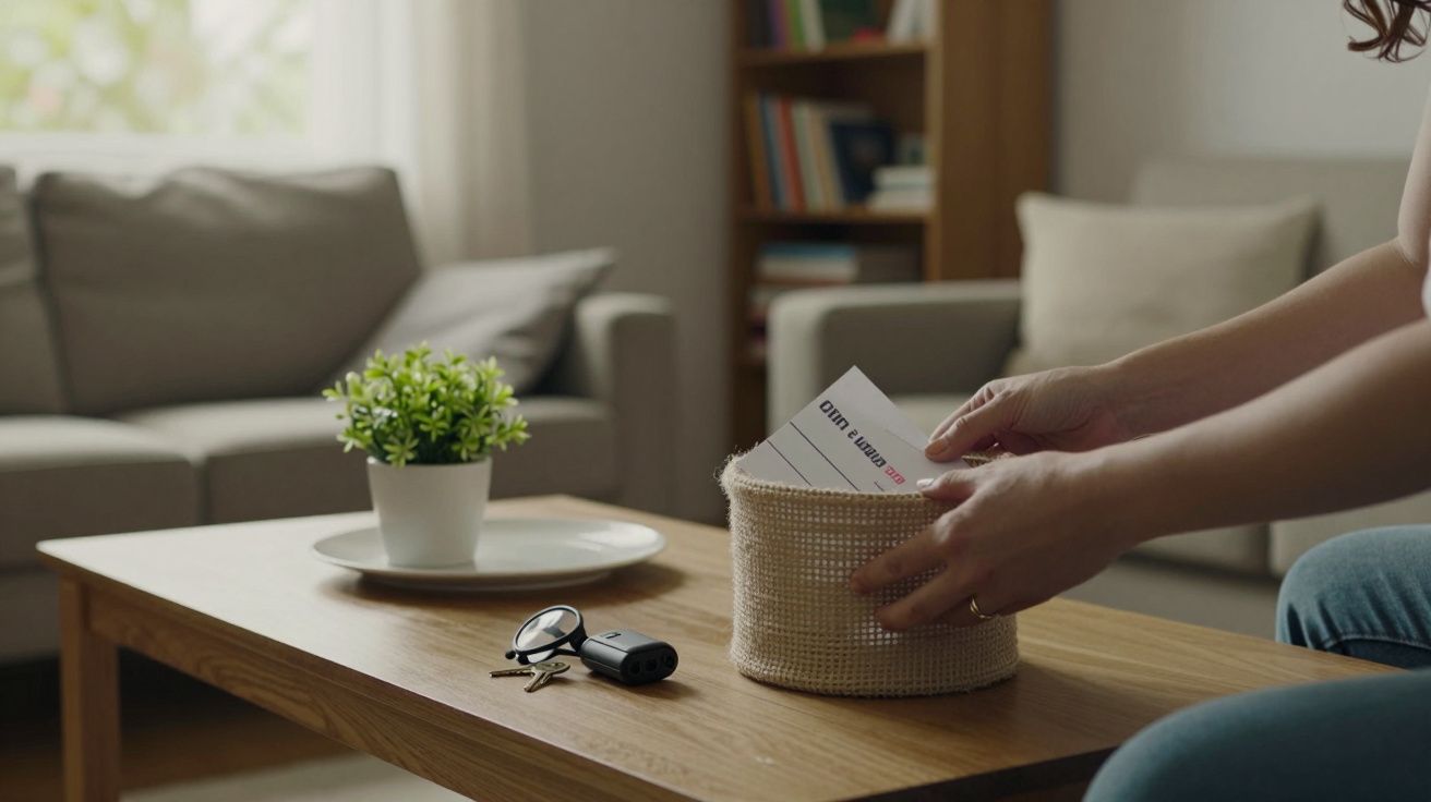 Mãos colocando papéis numa cesta sobre a mesa de sala, com chave e planta ao lado.