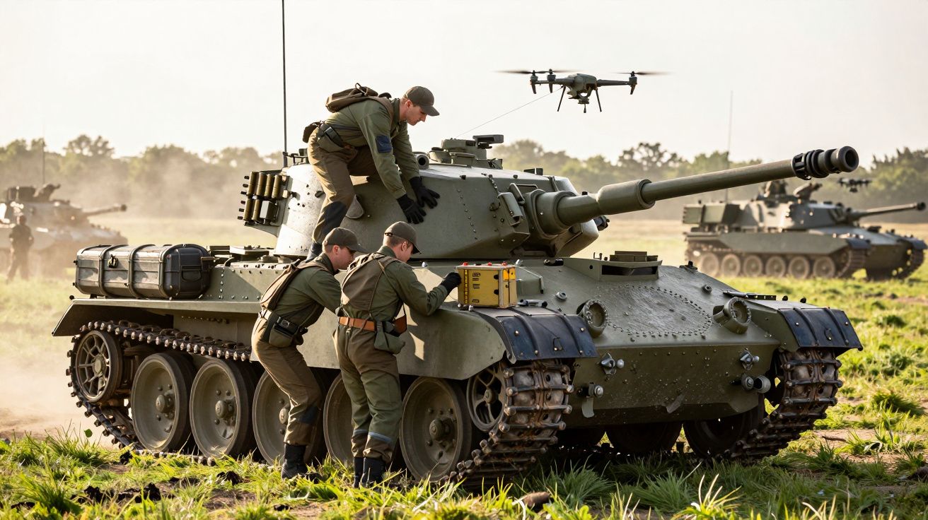 Soldados junto a um tanque em campo, configurando equipamentos; um drone voa sobre eles.