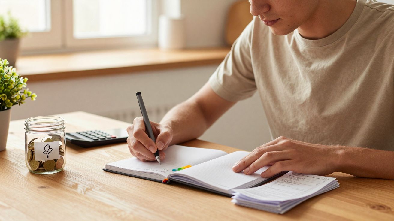 Pessoa a escrever num caderno sobre uma mesa com um frasco de moedas e calculadora ao lado.