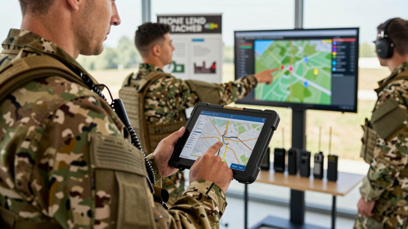 Soldados em uniforme camuflado utilizam tecnologia de mapas num tablet e num ecrã para planeamento estratégico.