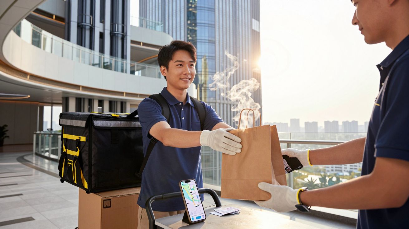 Entregador de comida a sorrir, usando luvas, entrega saco a cliente num edifício com vista urbana ao fundo.