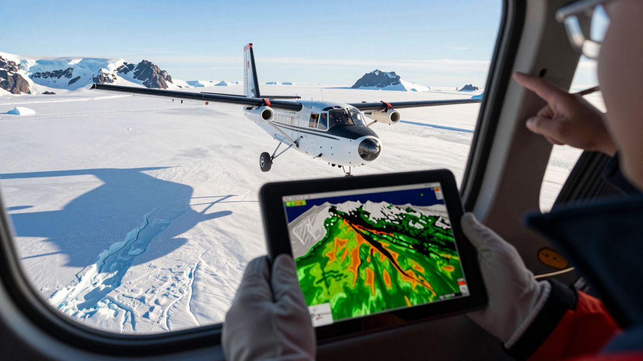 Pessoa num avião, usando tablet com mapa, observa outro avião a aterrar em paisagem nevada com montanhas ao fundo.