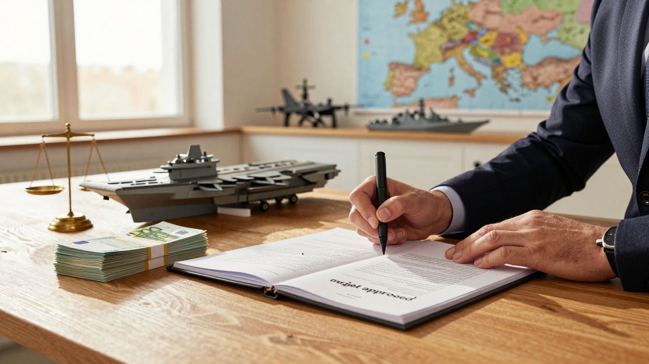 Homem assinando documento em mesa com maquete de porta-aviões, balança de justiça e notas de euro, mapa ao fundo.