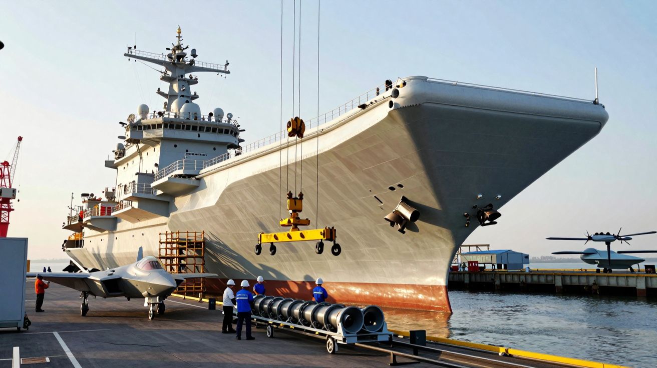 Porta-aviões ancorado com avião no convés, trabalhadores em cais e helicóptero ao fundo.