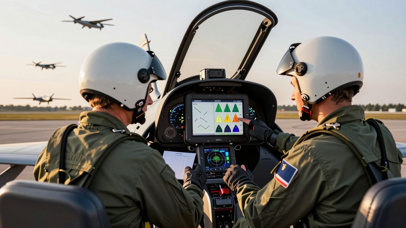 Dois pilotos em um cockpit de avião, usando capacetes, com aviões ao fundo no céu claro.