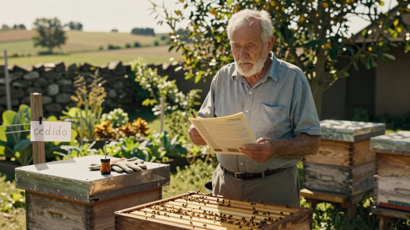 Homem idoso em pé ao lado de colmeias numa horta, lendo um papel sob luz solar.