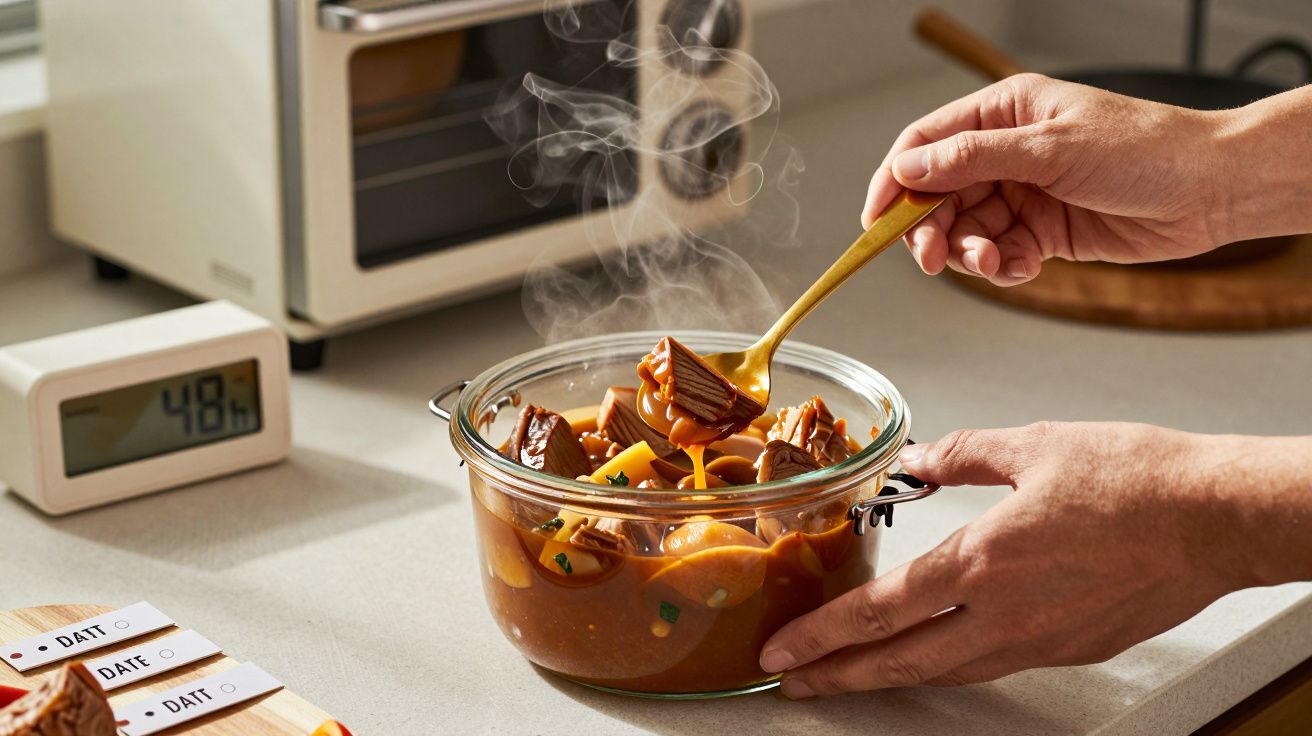 Pessoa serve guisado fumegante num recipiente de vidro usando colher dourada, com temporizador na bancada.