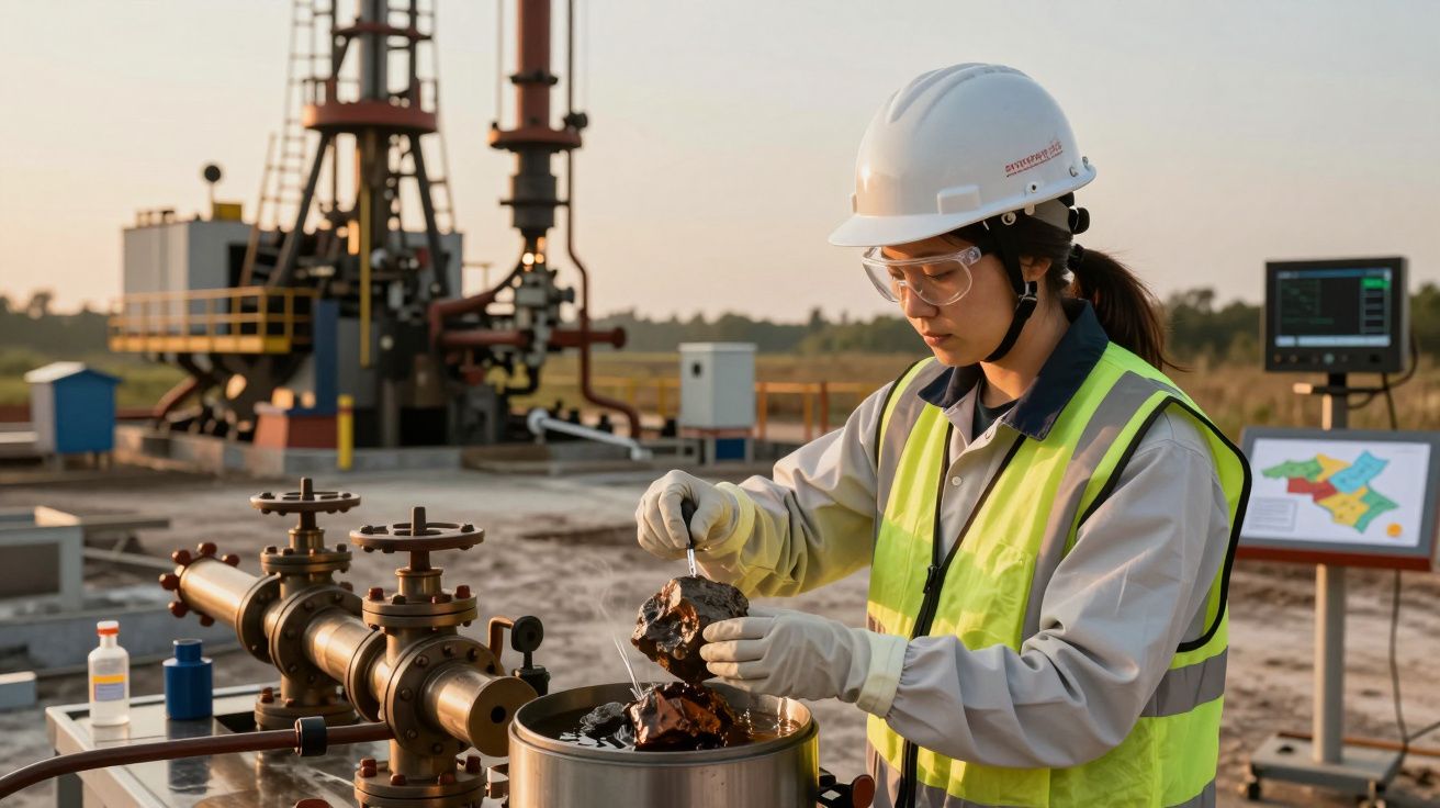 Engenheira em colete refletor, capacete e luvas examina amostras de rocha numa plataforma ao ar livre.