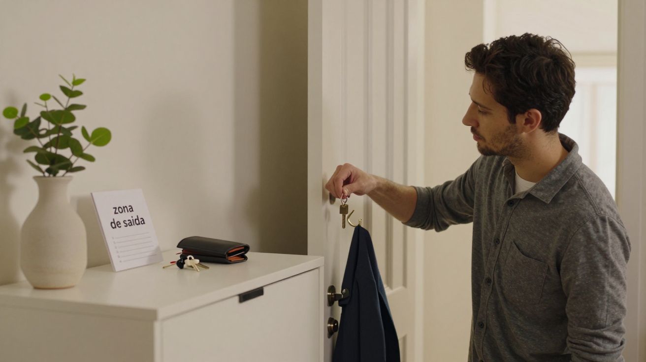 Homem a segurar um casaco e chaves numa porta ao lado de um móvel com um vaso, porta-moedas e aviso "zona de saída".