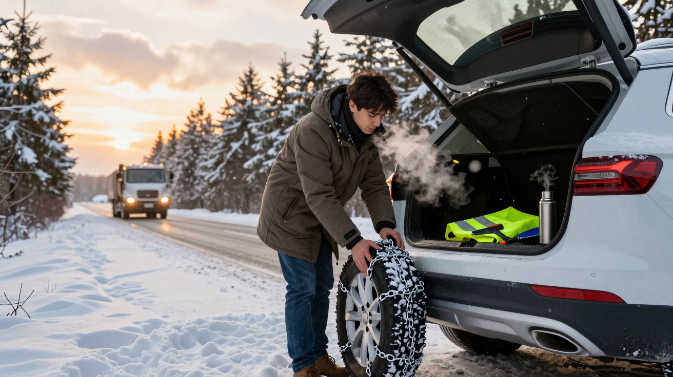 Homem a colocar correntes de neve num carro, no inverno, com estrada coberta de neve e camião ao fundo.