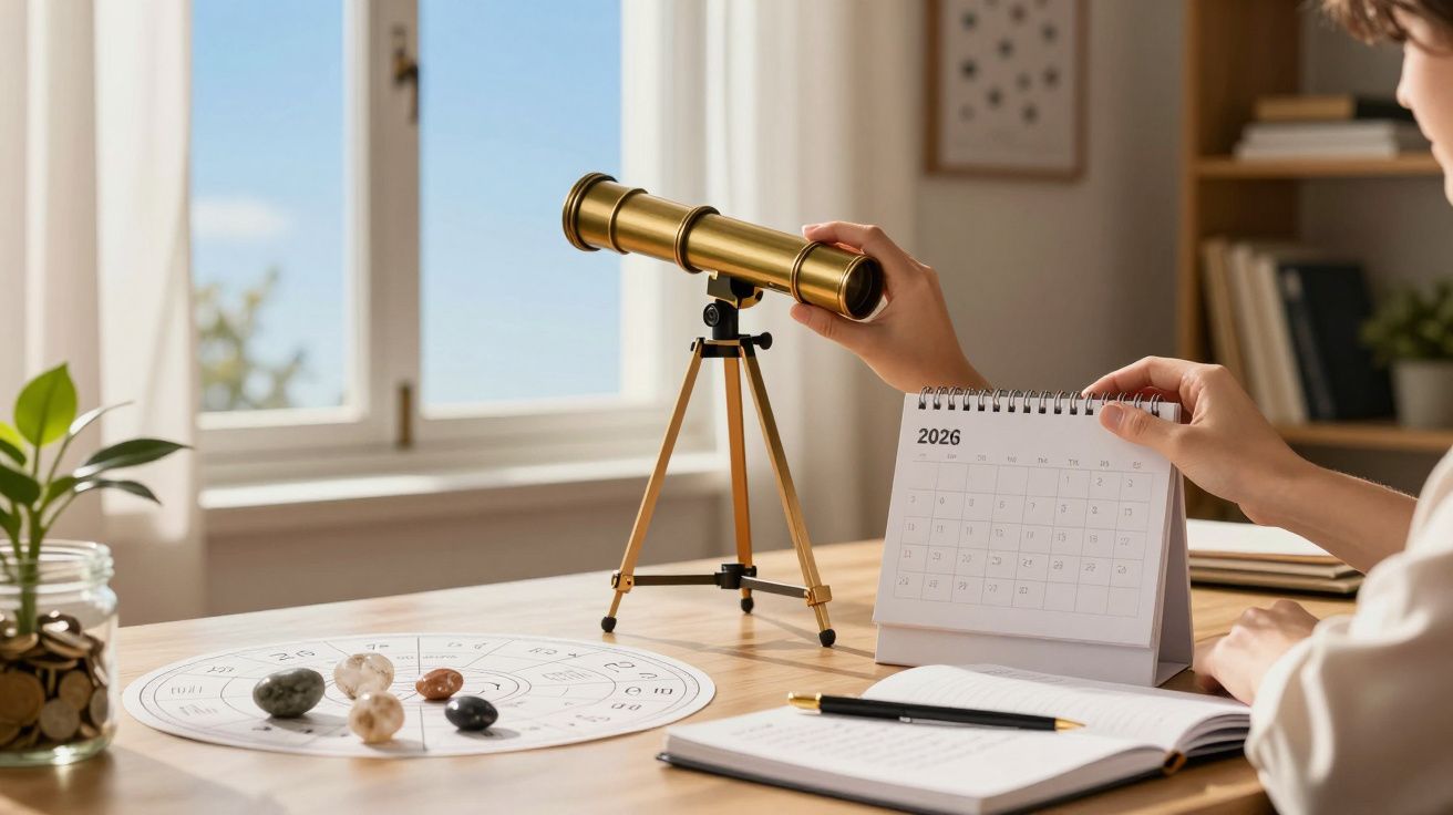 Pessoa mexe em calendário de 2026 ao lado de telescópio dourado, caderno, moedas e pedras em mesa de madeira.