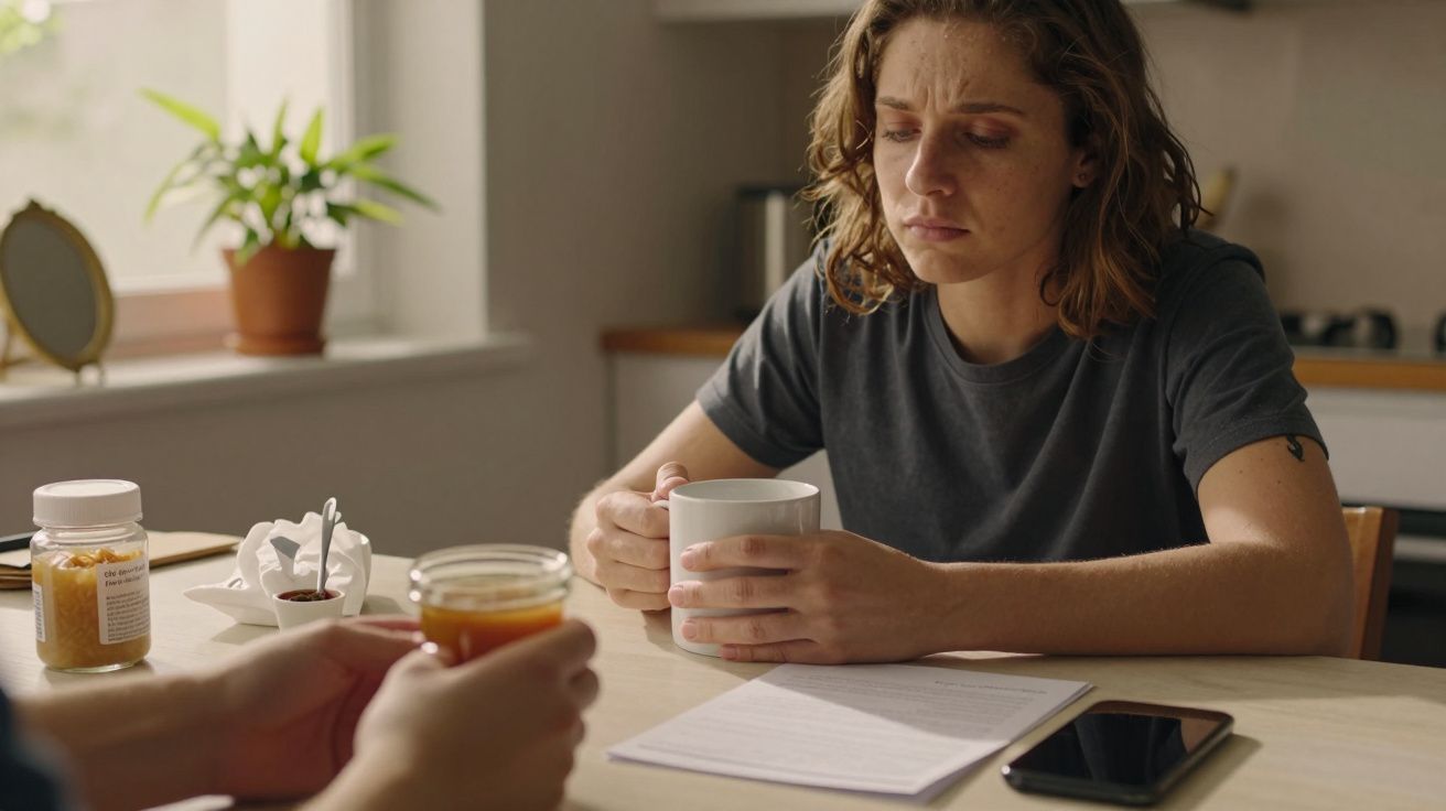 Mulher pensativa segura caneca à mesa, com papéis, frasco de doce e telemóvel ao lado.