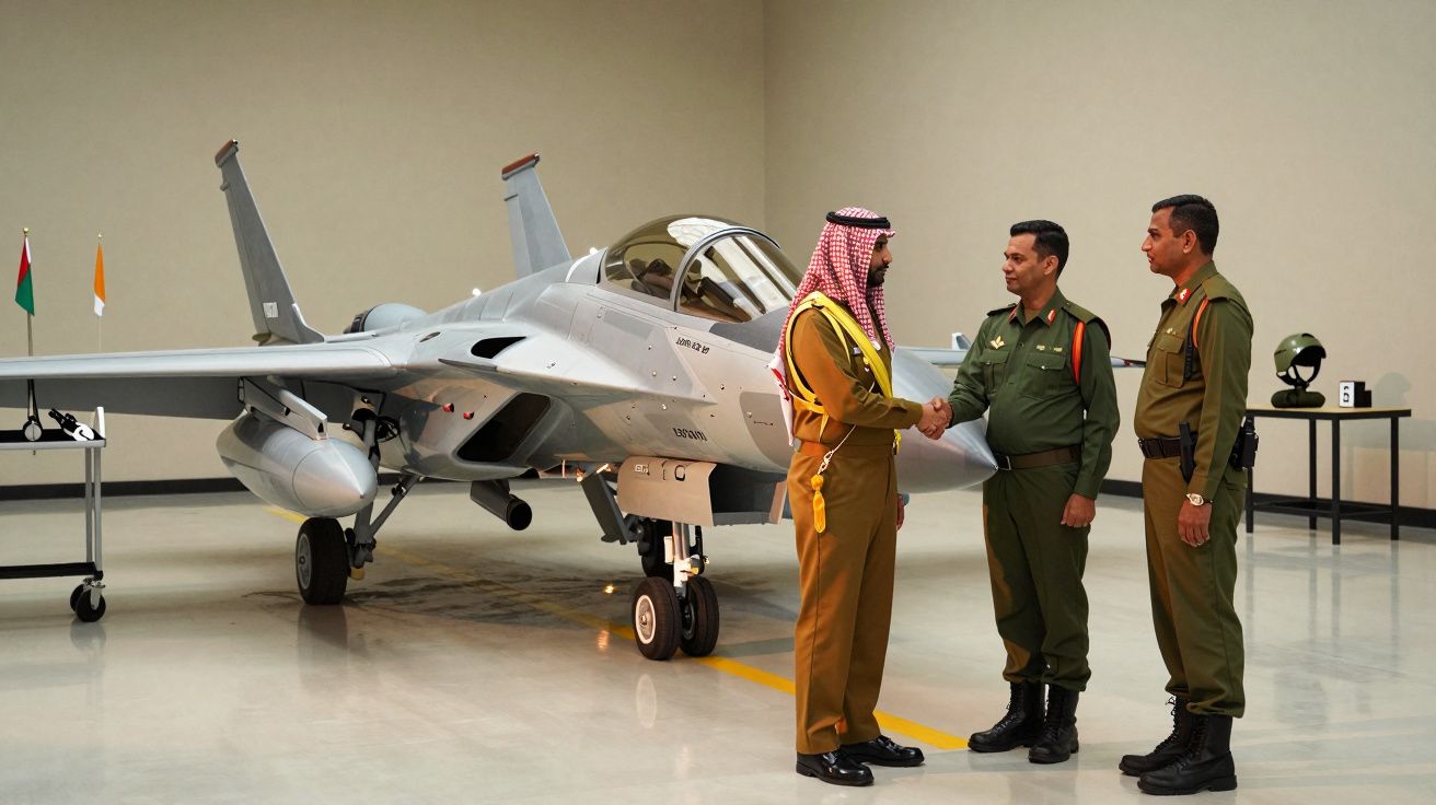 Três homens em uniforme militar apertam as mãos em frente a um jato de combate em um hangar, com bandeiras ao fundo.