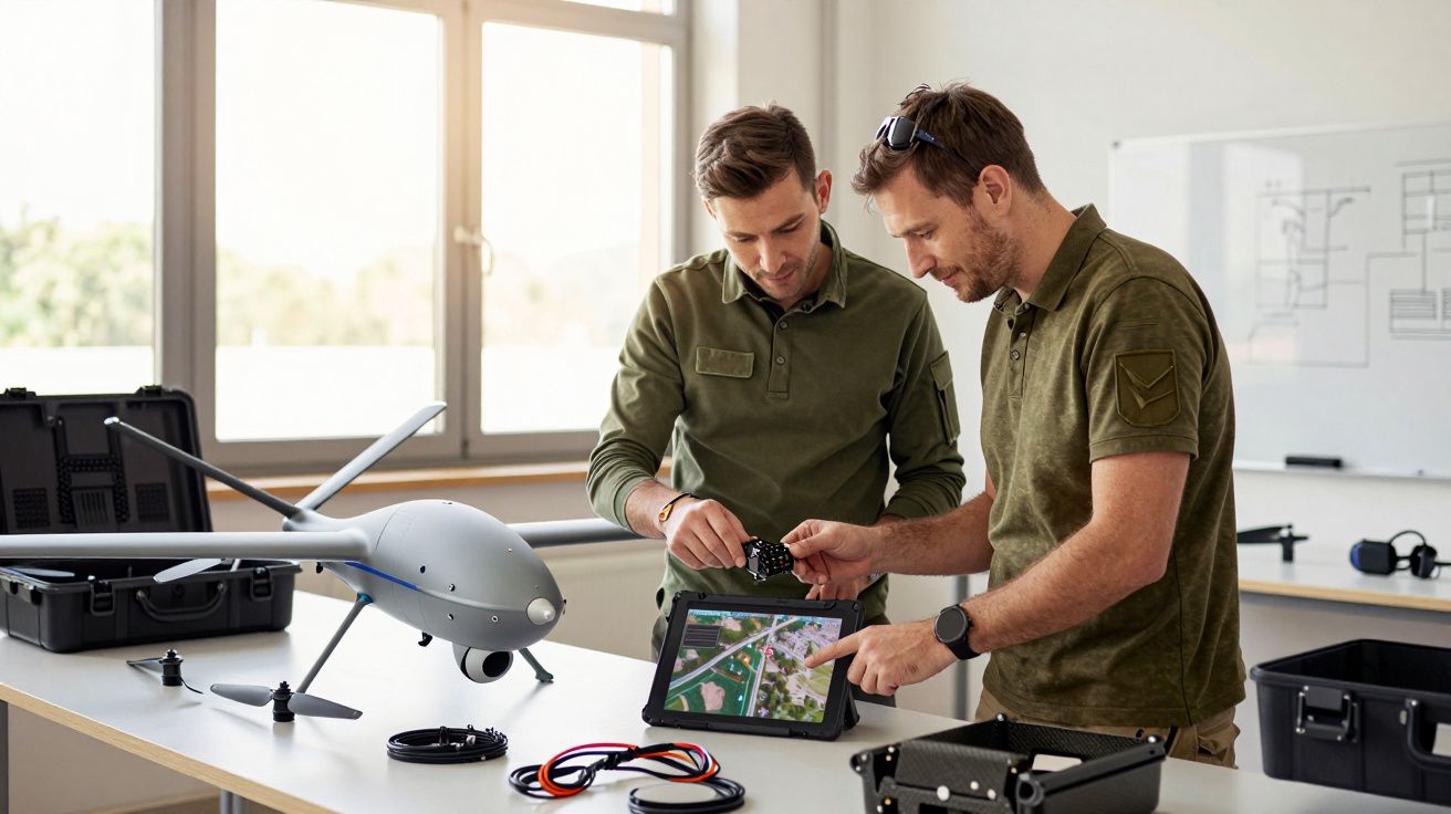 Dois homens analisam equipamento de drone e tablet com mapa numa sala iluminada pelo sol.