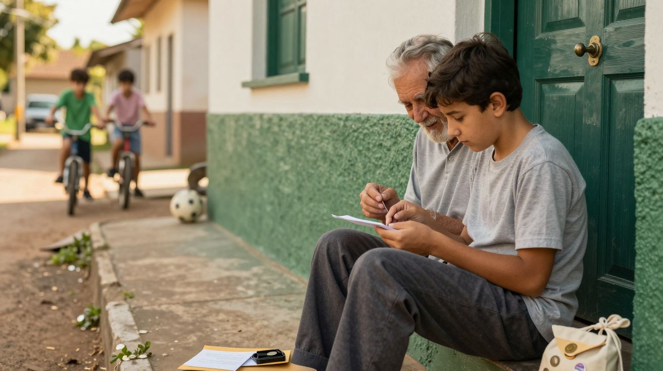 Homem idoso ajuda rapaz com papel na entrada de uma casa, enquanto duas crianças andam de bicicleta ao fundo.