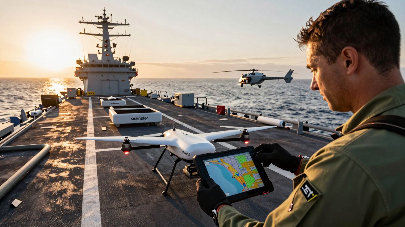 Homem opera drone num tablet num convés de navio, com helicóptero ao fundo e sol nascente sobre o mar.