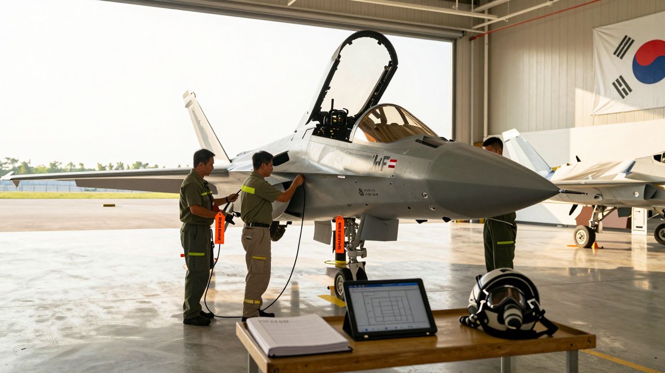 Técnicos trabalham em um caça a jato em hangar, com uma bandeira da Coreia ao fundo e equipamentos na mesa à frente.
