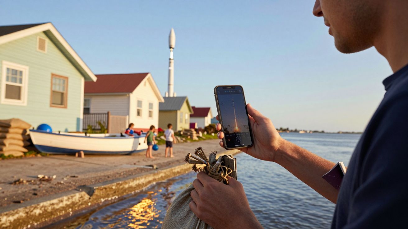 Homem segura telemóvel enquanto captura foto de um foguetão, junto a casas à beira-mar, ao pôr do sol.
