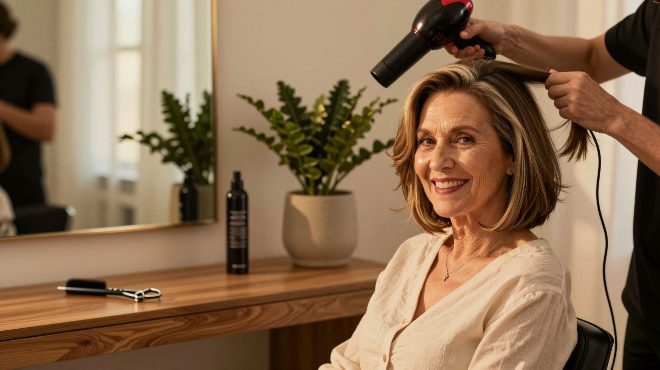 Mulher sorridente num salão de cabeleireiro, enquanto cabelo é seco com secador; planta e frascos na mesa.