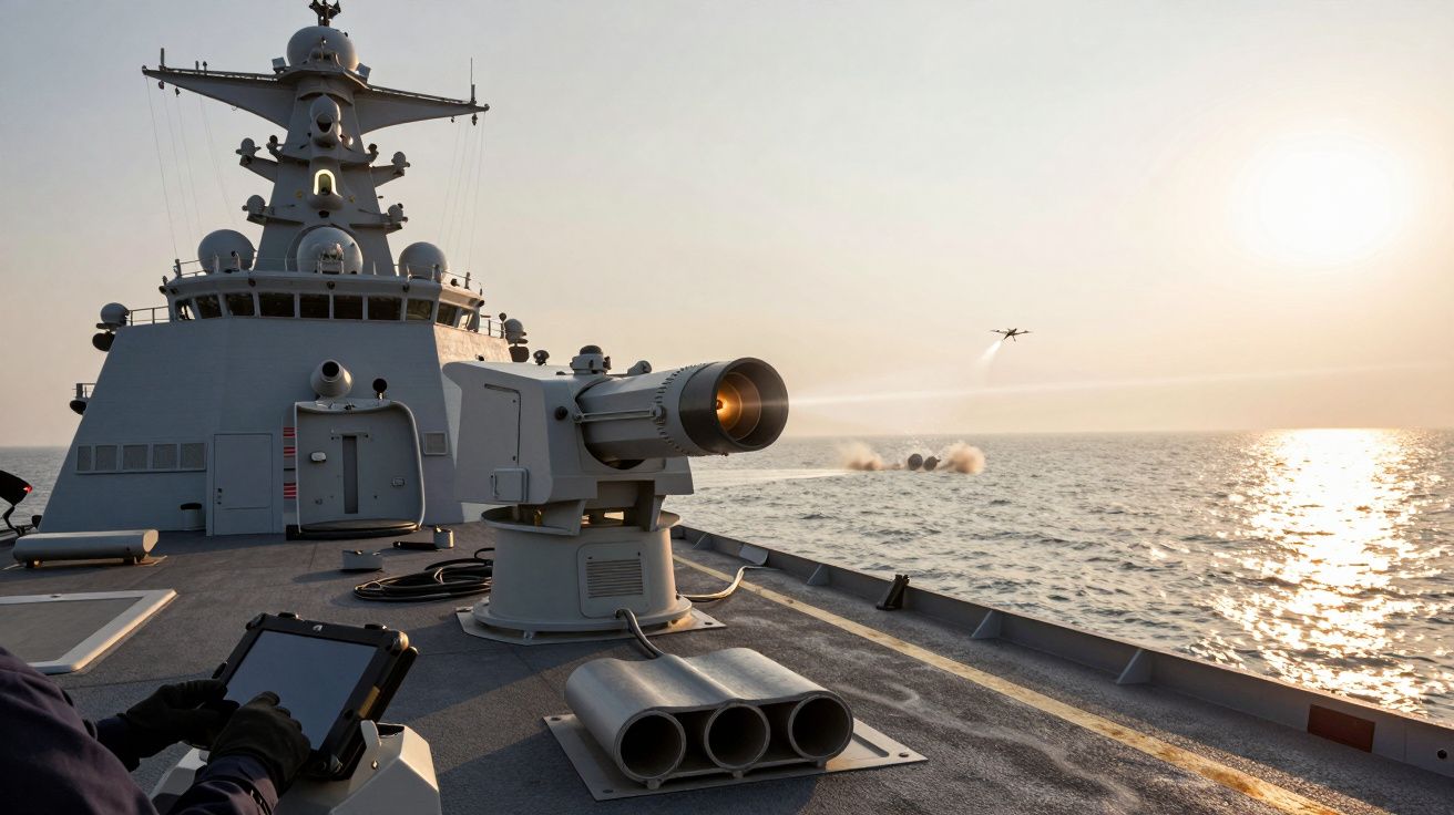 Navio de guerra no mar, drone no céu, sol nascente. Operador com tablet observa o cenário.