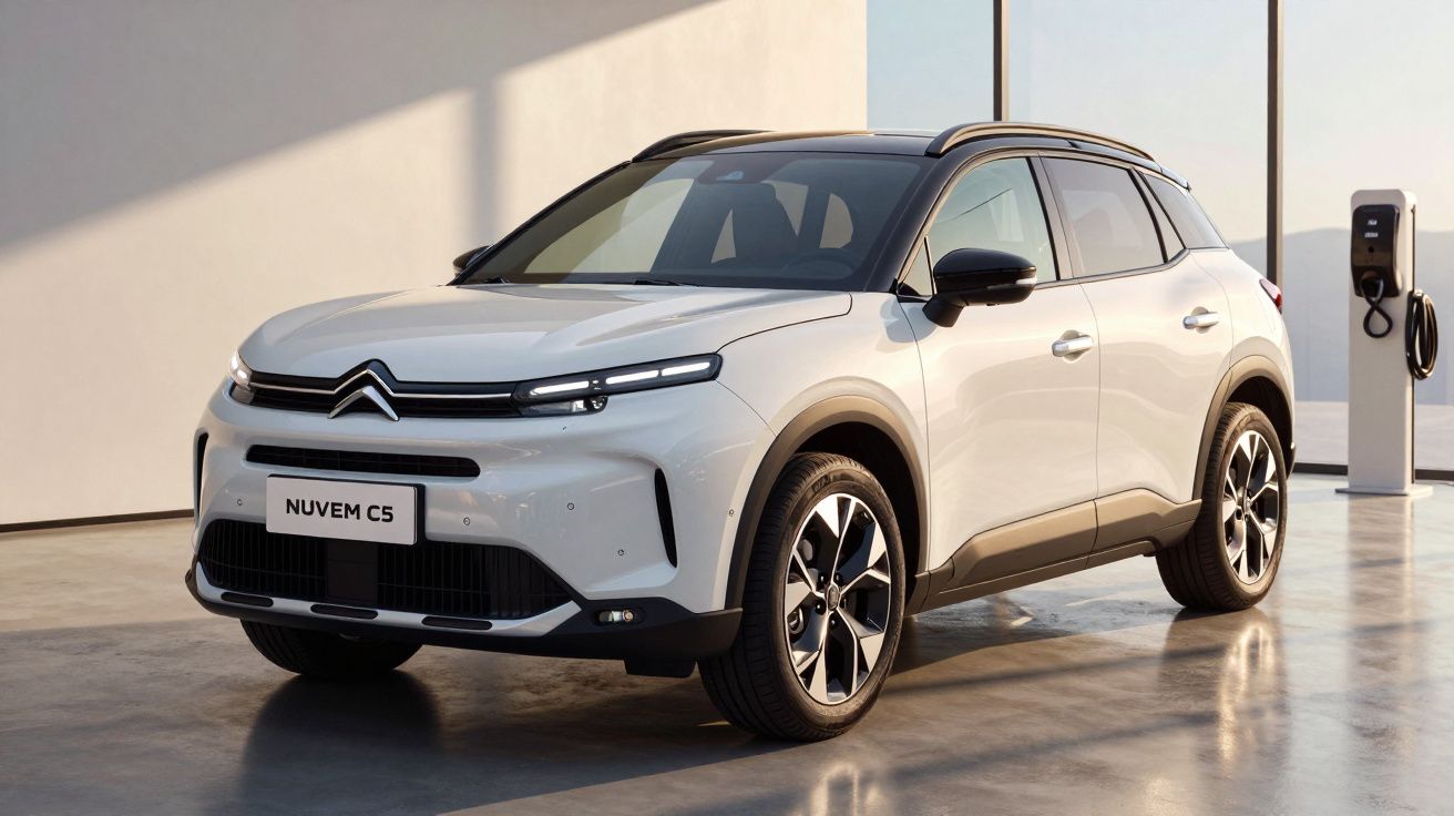 SUV branco Citroën Nuvem C5 estacionado em garagem moderna com luz natural e carregador elétrico ao fundo.