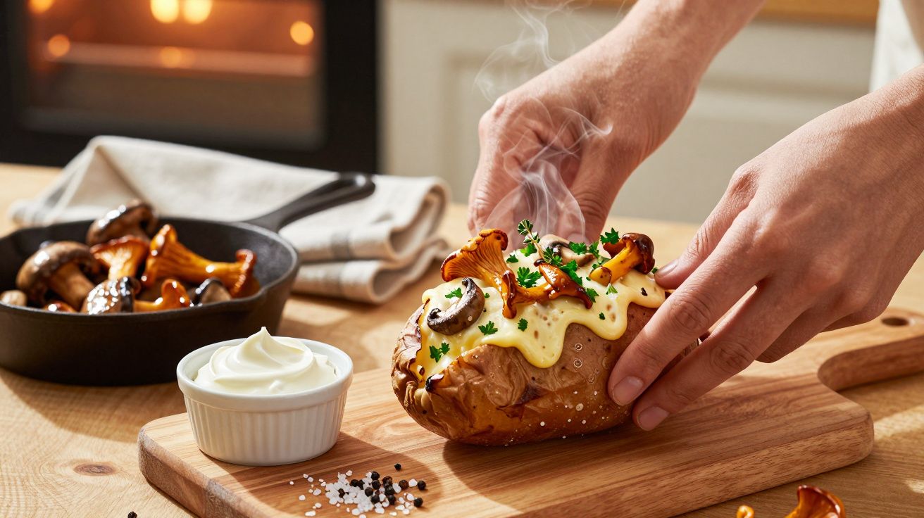 Mãos a preparar batata assada com queijo, cogumelos e salsa; fundo com frigideira e creme azedo.