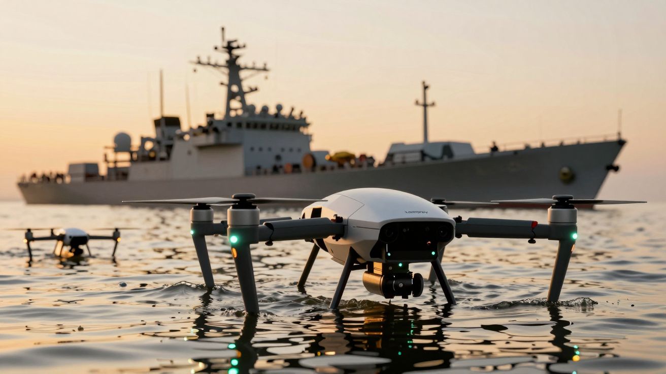Dois drones sobrevoam o mar à frente de um grande navio de guerra ao pôr do sol.