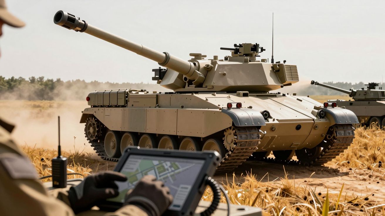 Tanque militar em campo aberto, soldado em primeiro plano a usar tablet para controlo.