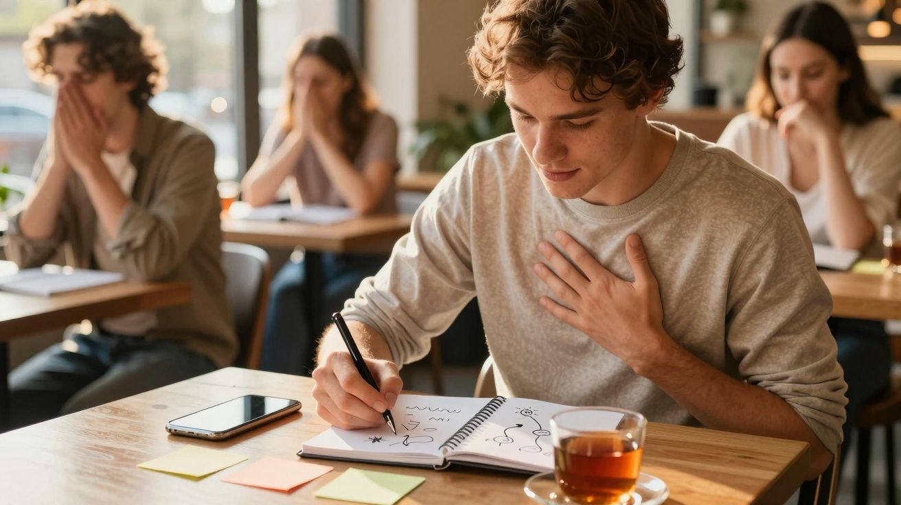 Jovem a escrever num caderno num café com chá, telemóvel e notas adesivas. Pessoas ao fundo focadas em atividades.