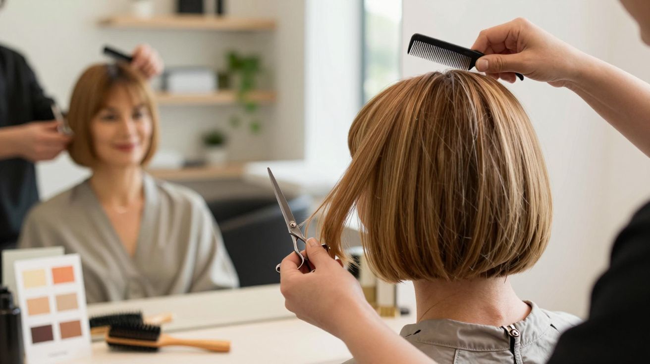 Cabeleireiro corta cabelo curto de mulher sorridente em salão, com tesoura e pente, refletidos no espelho.