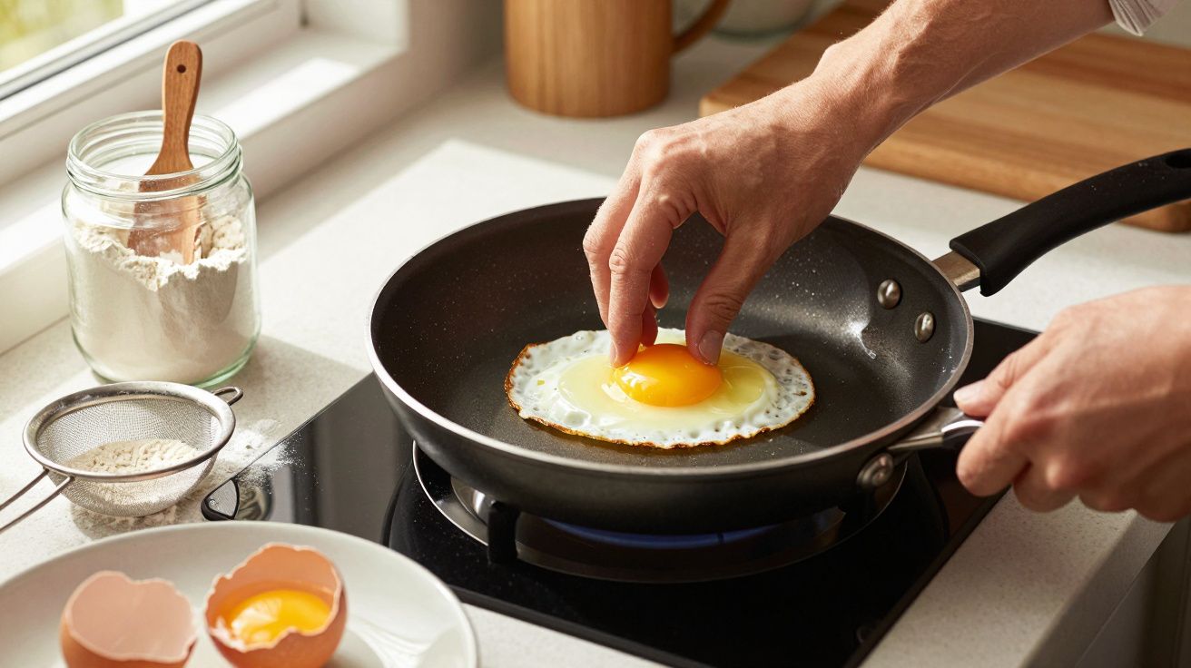 Pessoa a cozinhar um ovo estrelado numa frigideira preta em fogão, com ingredientes à volta na bancada.