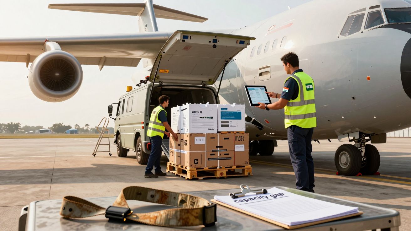 Funcionários descarregam caixas de um avião de carga num aeroporto, usando um tablet para verificar o inventário.