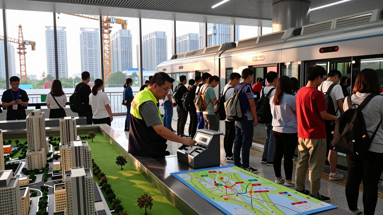 Passageiros fazem fila para embarcar no metro moderno, com mapa e maquete de cidade ao lado.