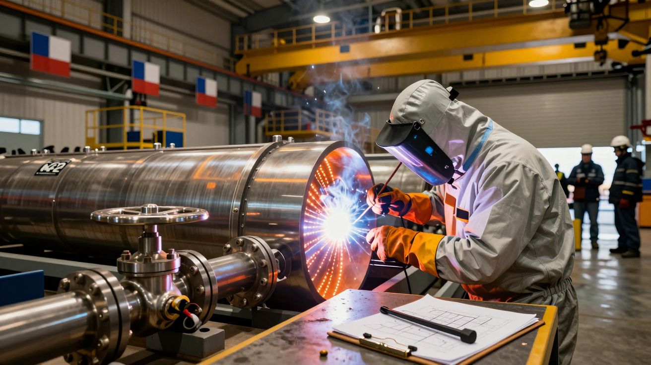Técnico soldando grande tubo de metal numa fábrica, equipado com fato de proteção e máscara de soldagem.