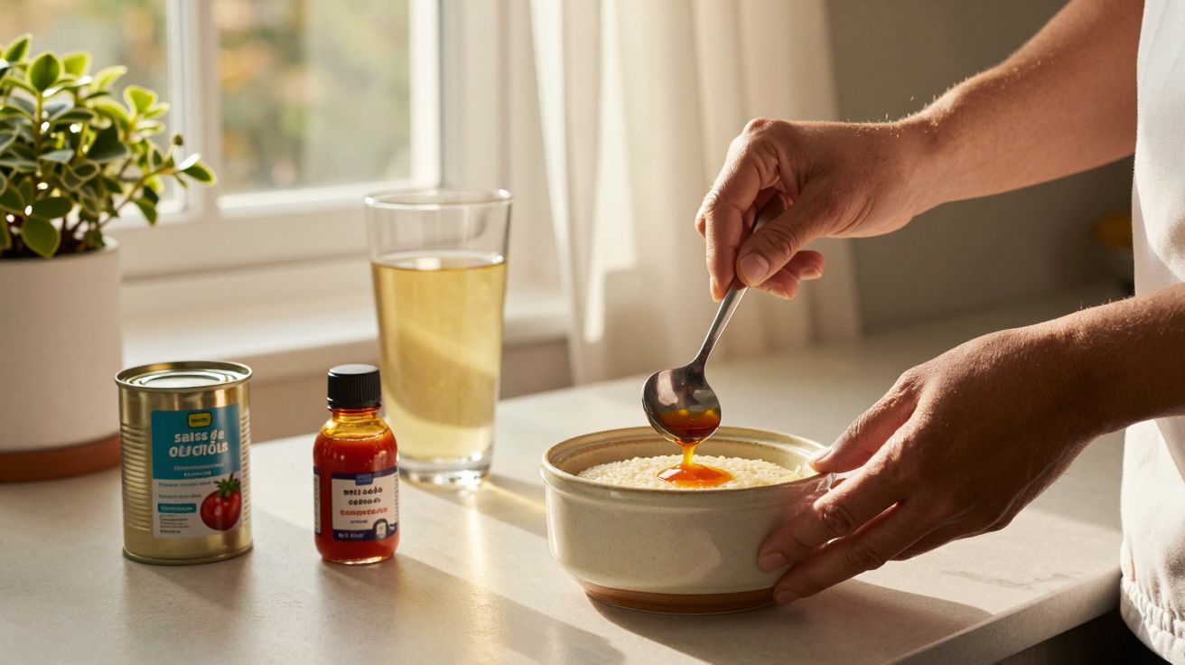 Pessoa adiciona molho a taça de comida na cozinha. Ao lado, uma planta, uma lata de tomates, uma garrafa e um copo.