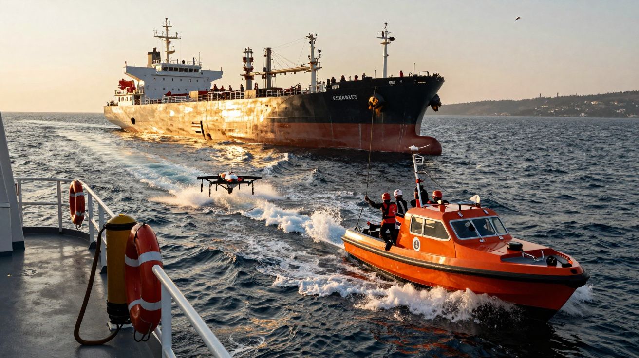 Navio cargueiro em mar aberto com barco de resgate laranja ao lado, tripulantes a bordo sob céu claro.