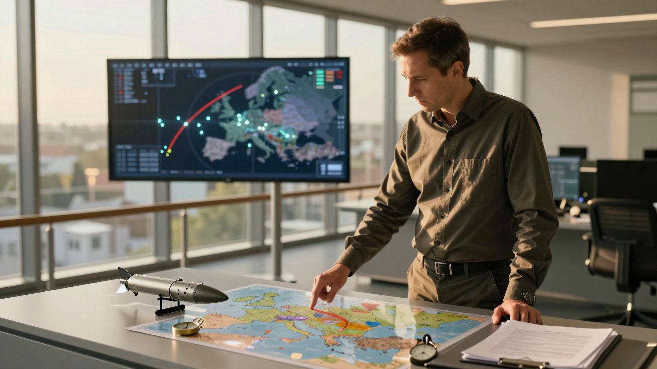 Homem analisa mapa numa mesa, com monitor de dados ao fundo. Maquete de míssil e documentos ao lado.