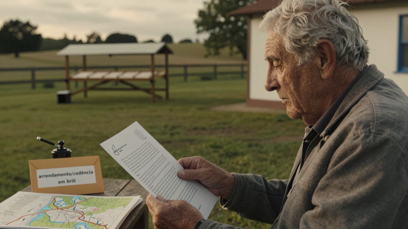 Homem idoso lê documento ao ar livre, com mapa e placa de "arrendamento/cedência em brirá" sobre a mesa.