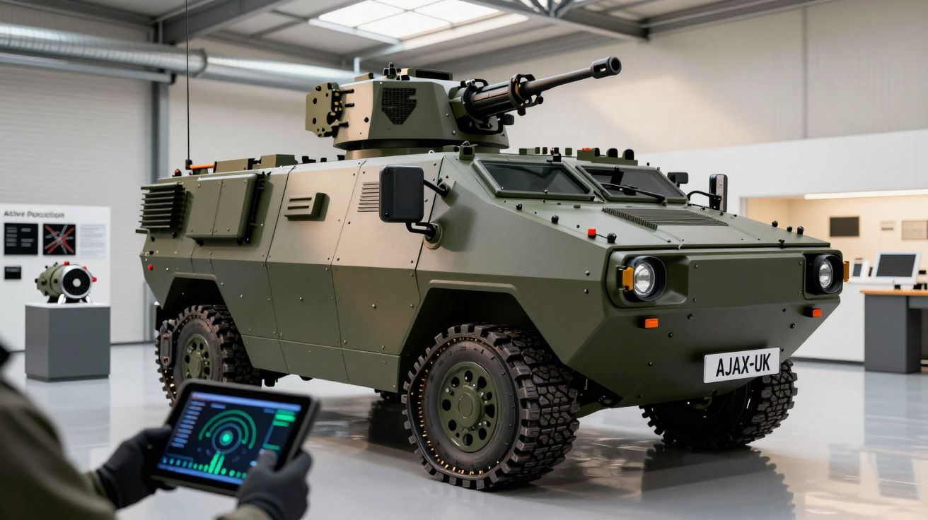 Veículo blindado verde com torre de canhão, exposto em armazém; pessoa segura tablet em primeiro plano.