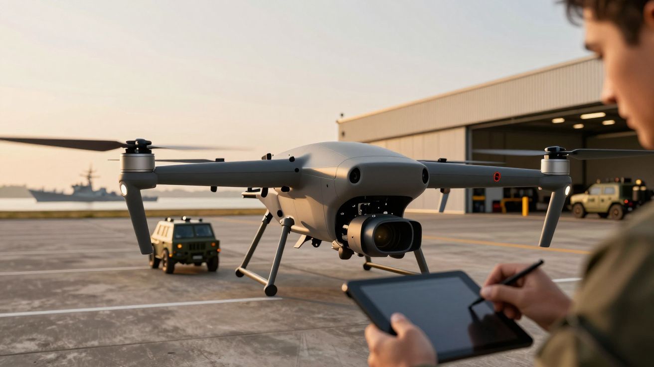 Pessoa controla drone com tablet em frente a hangar militar ao entardecer, com veículo militar ao fundo.