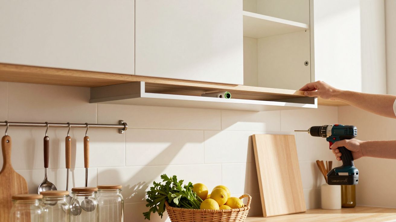 Pessoa a usar berbequim para montar prateleira na cozinha; frutas e ervas num cesto sobre a bancada.