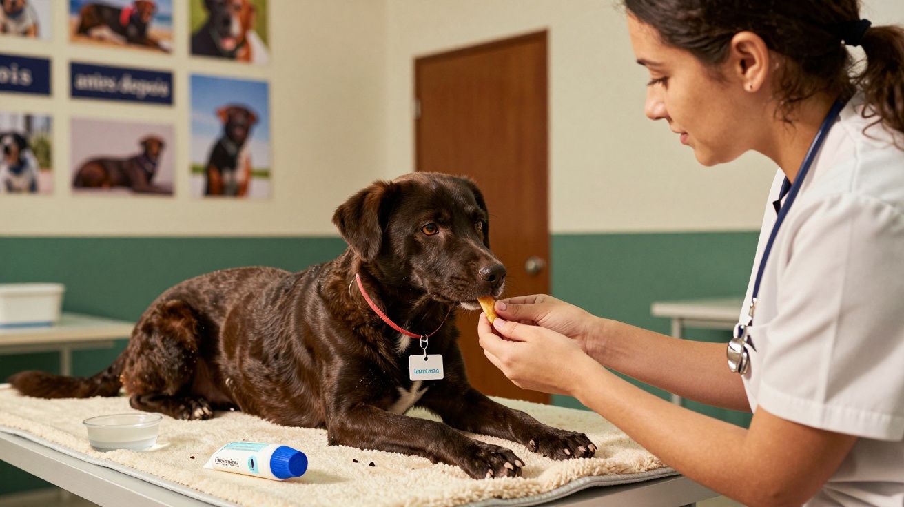 Veterinária cuida de cão castanho deitado numa mesa de exame, oferecendo-lhe um biscoito.