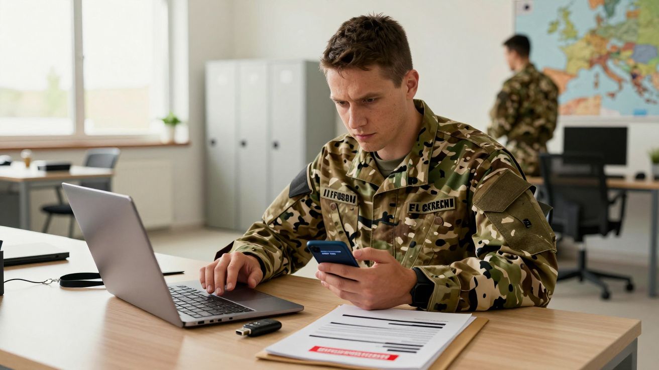 Militar de farda camuflada usa laptop e telemóvel num escritório, com segundo militar ao fundo junto a um mapa.