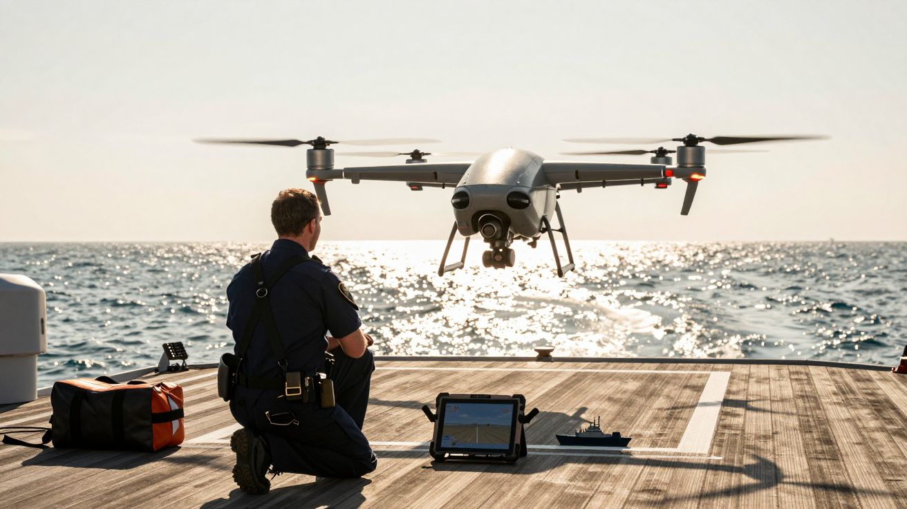 Homem operando drone no convés de um barco, com o mar ao fundo e tablet ao seu lado.