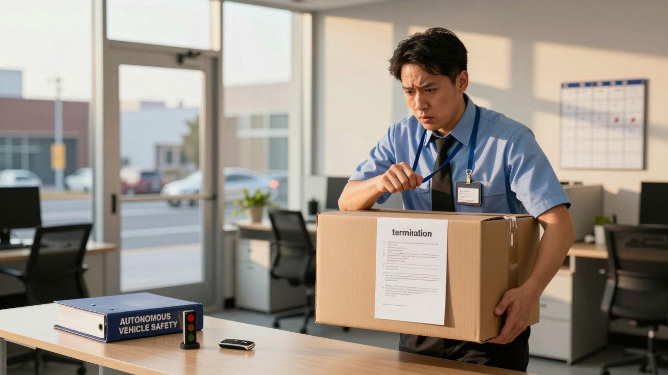 Homem de uniforme azul a sair de um escritório, segurando uma caixa com um documento intitulado "termination".
