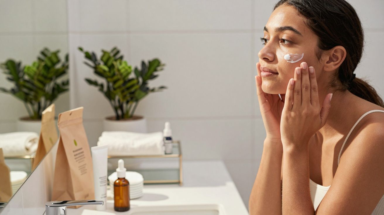 Mulher aplica creme facial em frente ao espelho numa casa de banho, com plantas e produtos de cuidado da pele ao fundo.