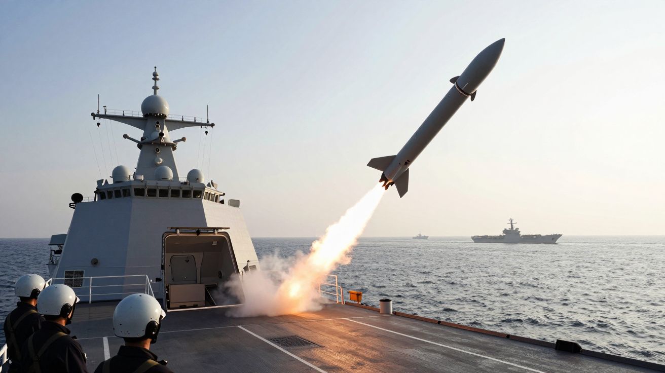 Navio militar lança míssil sobre o mar, tripulação observa; navios à distância.