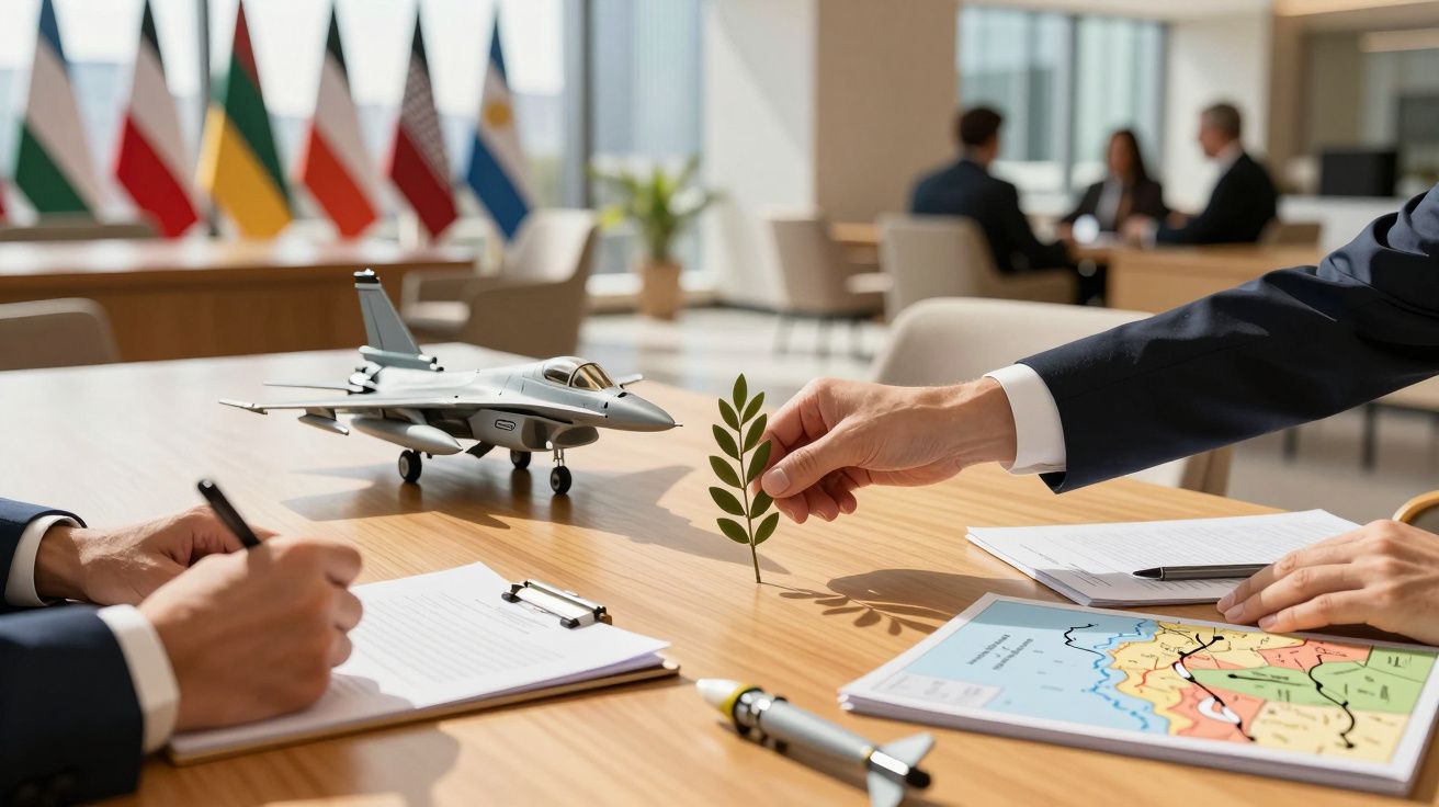 Modelo de avião e mapa sobre mesa de reunião; mão segura ramo de oliveira. Bandeiras no fundo.